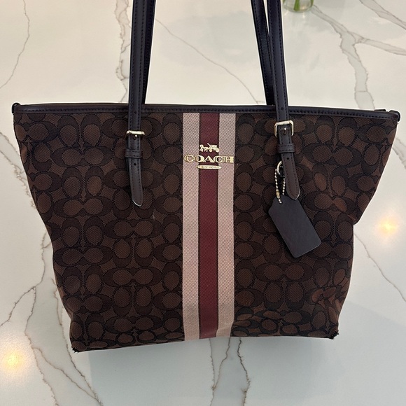 Coach Signature Brown Tote with Burgundy Stripe - Picture 1 of 2